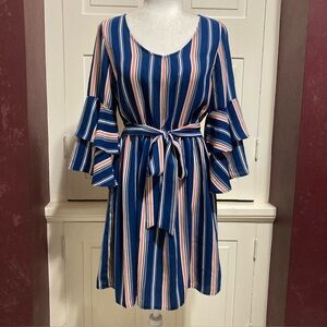 ODDI Women’s Size S Blue Orange White Striped Flare Bell Sleeves Dress